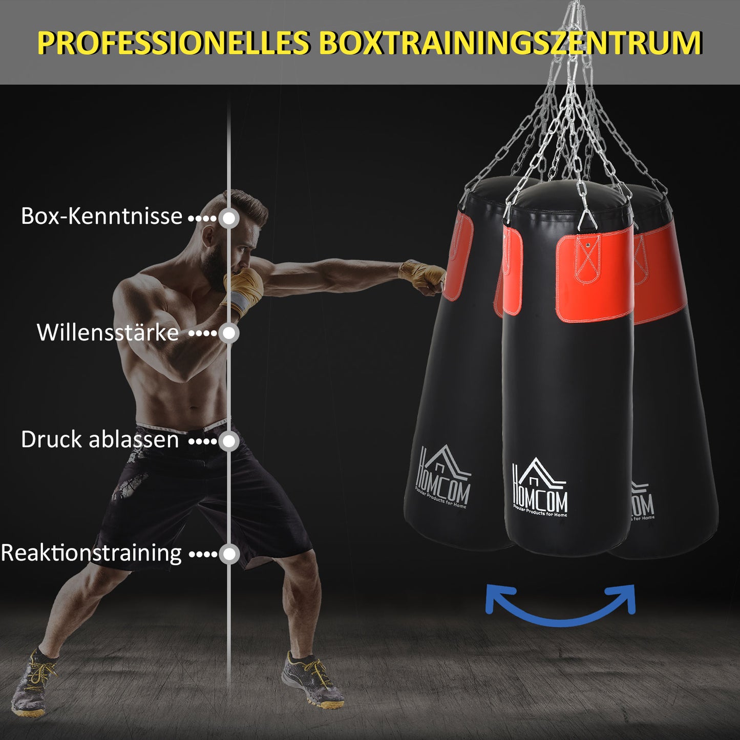 HOMCOM Boxsack-Set Box-Set mit Boxhandschuhen Gefüllt Set für Erwachsene Jugendlichen Hanging Boxing Heavy Bag 16 KG Ø30 x 120 cm Schwarz+Rot