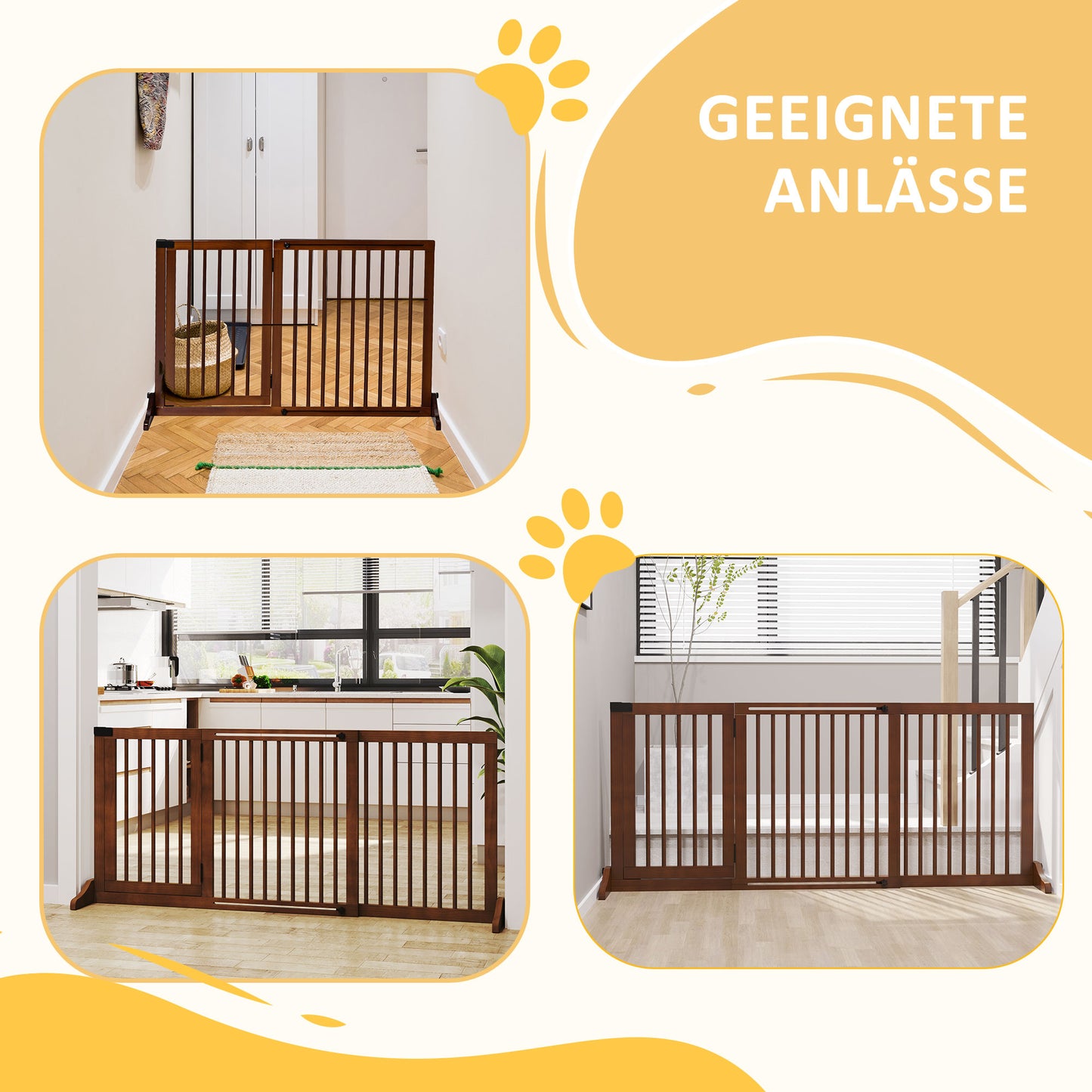 PawHut Absperrgitter Hunde Türschutzgitter Schutzgitter aus Holz Freistehendes Hundegitter mit Tür Hundeabsperrgitter Configurationsgitter for Kamin &amp; Ofen Braun 113-166 x 36 x 71 سم