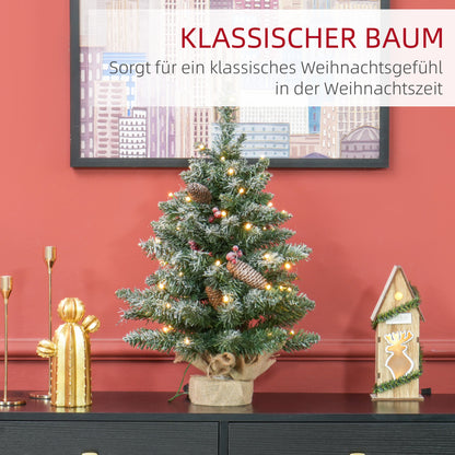 HOMCOM Weihnachtsbaum mit LED-Beleuchtung, 60 cm, Tannenzapfen und rote Beeren, inkl. Ständer, Grün/Weiß