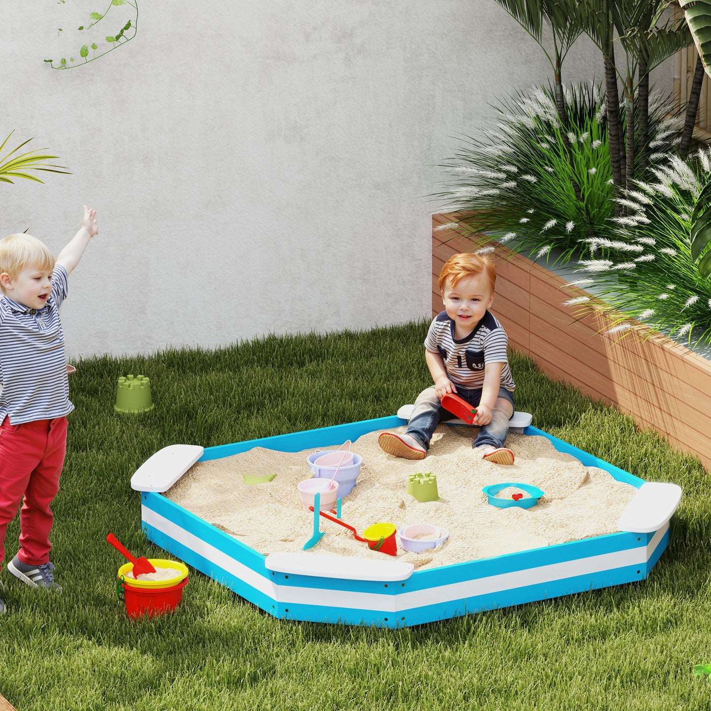 AIYAPLAY Sandkasten für Kinder, Sandkiste mit 4 Sitzen, Fichtenholz, bodenlos, Blau