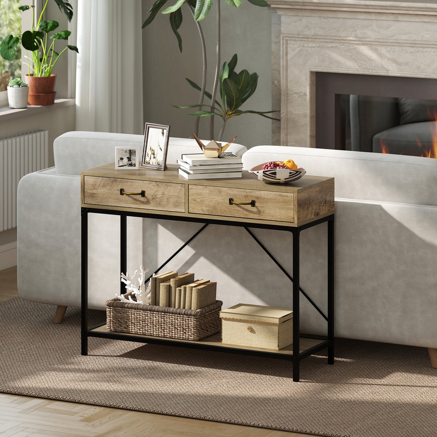 HOMCOM Konsolentisch Flurtisch mit Ablage und 2 Schubladen, 100 x 35 x 76,5 cm Beistelltisch Sofatisch Ausstellungstisch für Kleinen Raum, Eingang, Flur, Wohnzimmer Braun+Schwarz