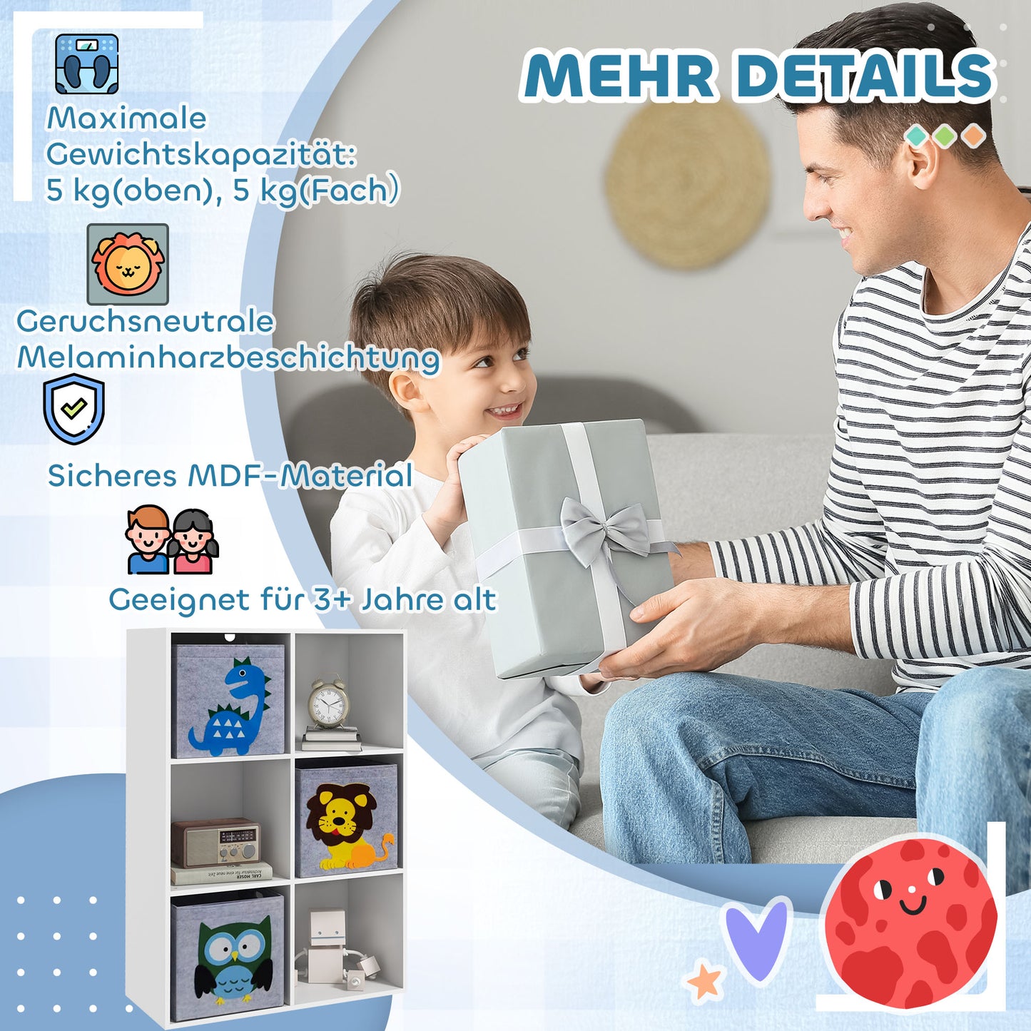 ZONEKIZ Aufbewahrungsregal für Kinder, Würfel, Schubladen, MDF, Kippschutz, Weiß