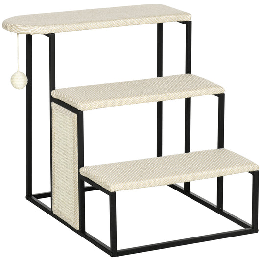 PawHut Katzentreppe, mit Kratzbrett, 3 Stufen, Spielball, robust, Stahl+Sisal, cremeweiß+schwarz, 51 x 54 x 53cm