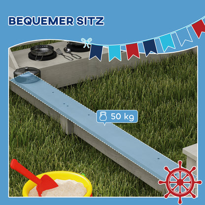 Outsunny Sandkasten mit Sonnendach Piratenschiff, inkl. Kinderküchenspielset, Massivholz, 180 x 103 x 144,5 cm, Grau
