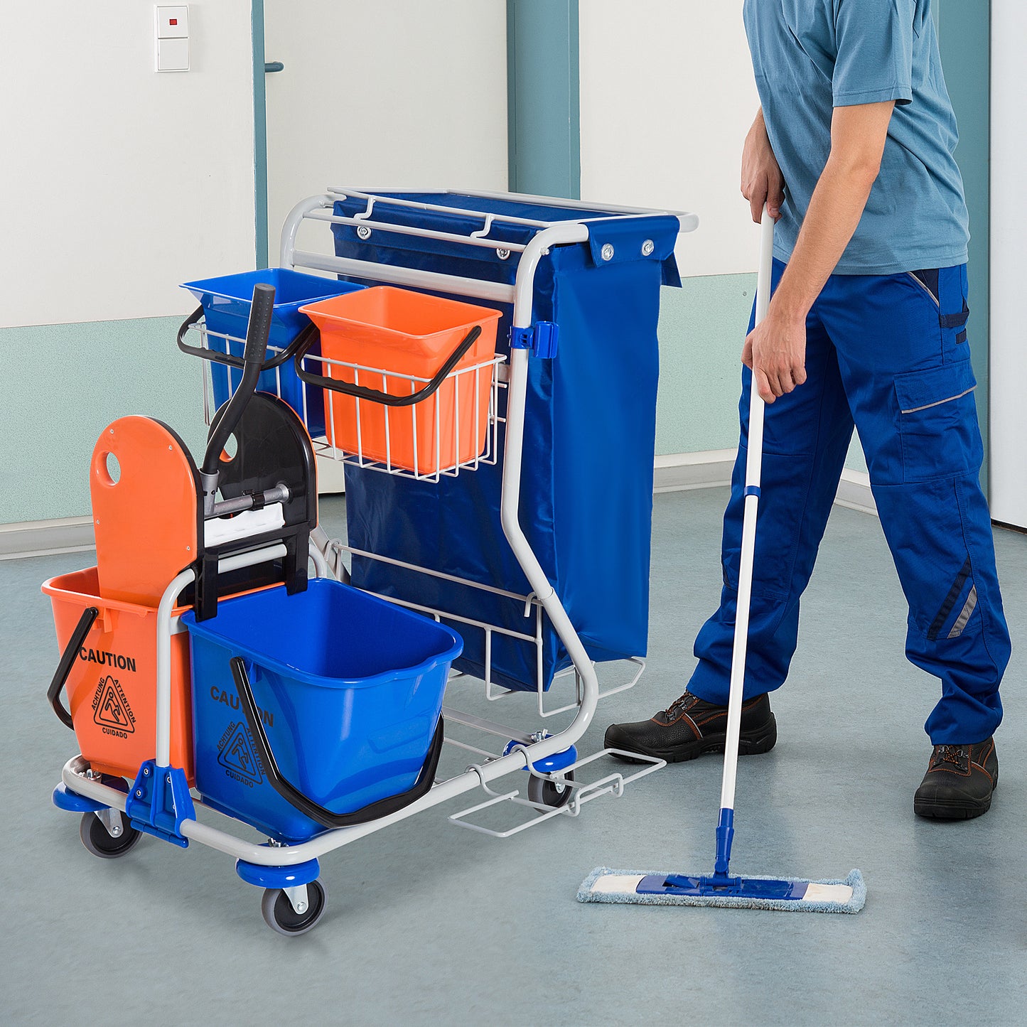 HOMCOM Putzwagen Reinigungswagen mit 2 x 18L & 2 x 6L Eimern Wischwagen Haushaltswagen mit Mopp-Presse, Aufbewahrungskorb, Blau Orange 93 x 80 x 97 cm