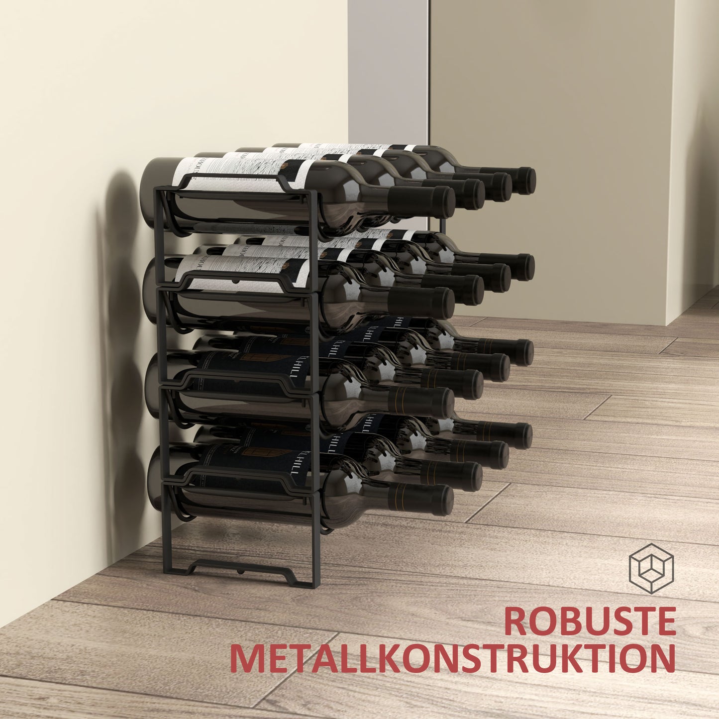 HOMCOM 4-stufiges Weinregal, freistehendes Regal für 16 Weinflaschen, Metall, Schwarz