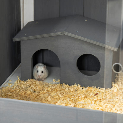 PawHut Hamsterkäfig, 3000 cm² Zwerghamsterkäfig aus Holz und Metall, mit 2 Hütten, Acrylschiebetüren, stabil, sicher, Grau+Weiß
