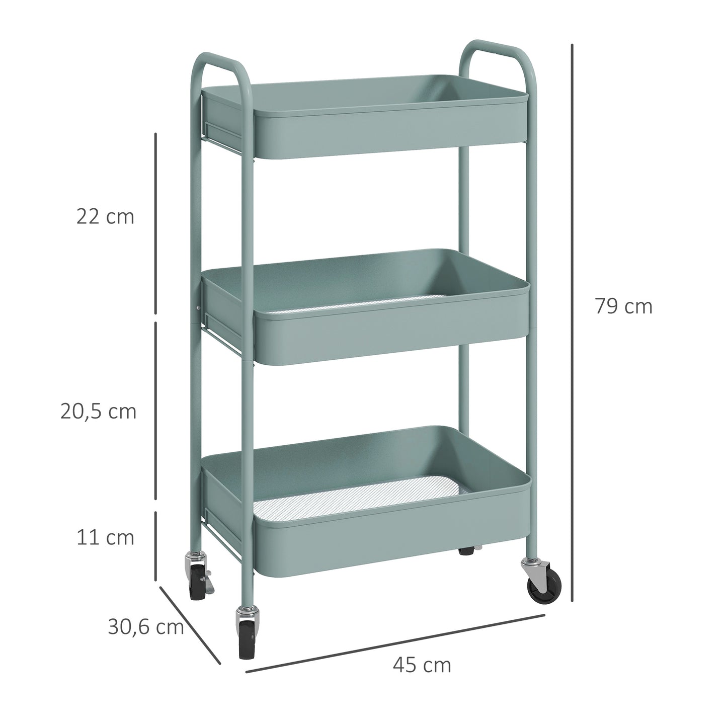 HOMCOM Mehrzweckwagen Rollwagen Küchenwagen, 3 Regale, 4 Rollen, 45 cm x 30,6 cm x 79 cm, Hellblau