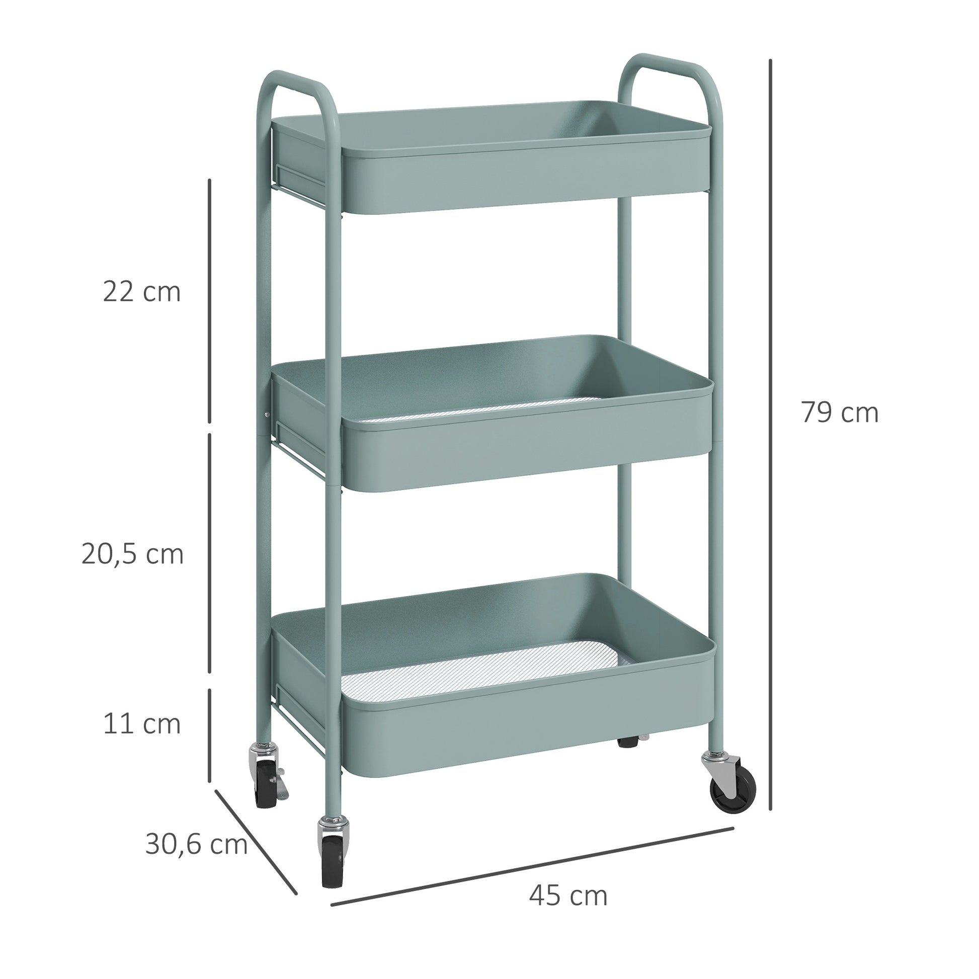HOMCOM Mehrzweckwagen Rollwagen Küchenwagen, 3 Regale, 4 Rollen, 45 cm x 30,6 cm x 79 cm, Hellblau