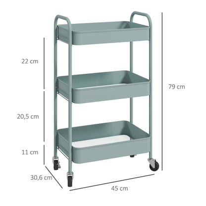 HOMCOM Mehrzweckwagen Rollwagen Küchenwagen, 3 Regale, 4 Rollen, 45 cm x 30,6 cm x 79 cm, Hellblau