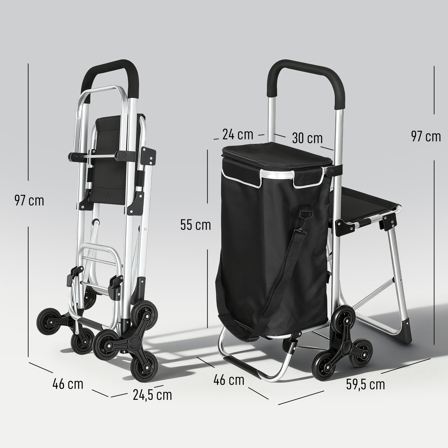 HOMCOM Einkaufstrolley, 40 L Oxford-Tasche, 3-Rad-Design, Aluminiumrahmen, Sitz, Grau