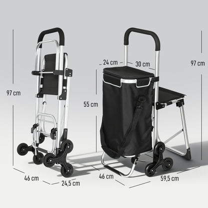 HOMCOM Einkaufstrolley, 40 L Oxford-Tasche, 3-Rad-Design, Aluminiumrahmen, Sitz, Grau