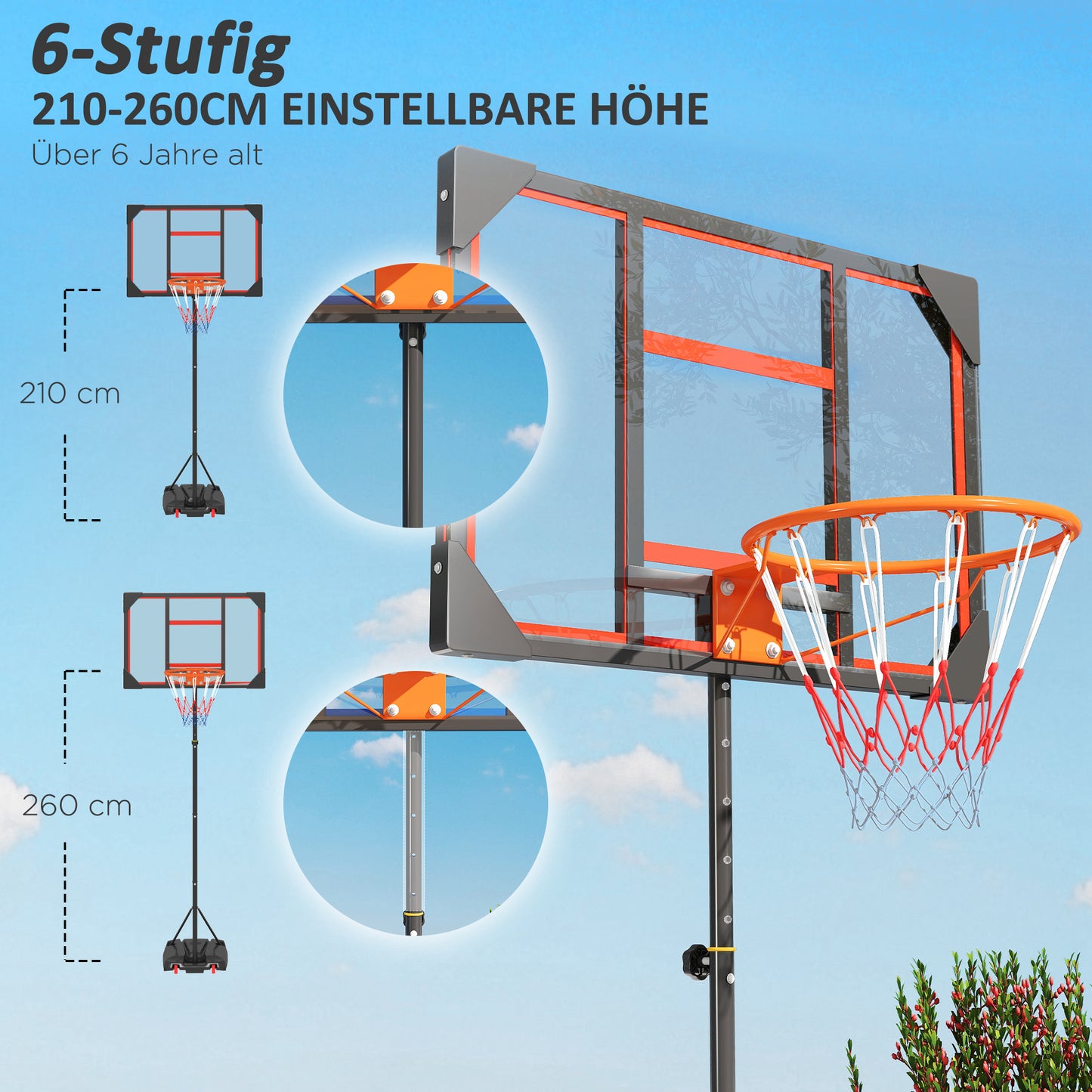 AIYAPLAY Kinder-Basketballkorb, Outdoor-Basketballkorb für Kinder, 210-260 cm höhenverstellbar, mit Rädern, ab 6 Jahren, Rot