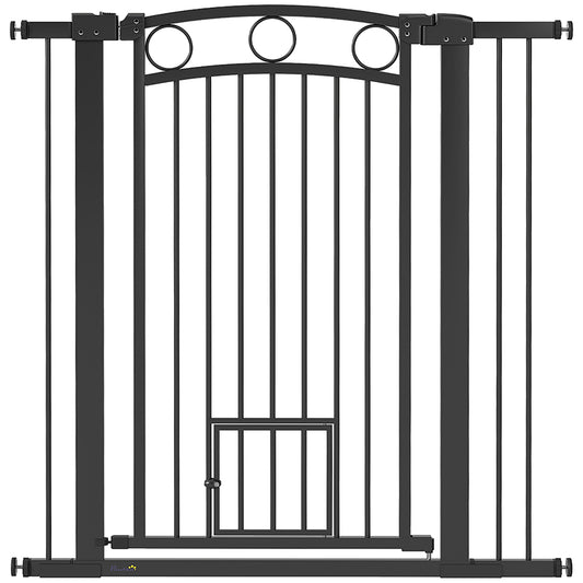 PawHut 106 cm hohes Haustiergitter mit anpassbarer Breite, integrierte Katzentür, für Treppen und Türrahmen, Schwarz