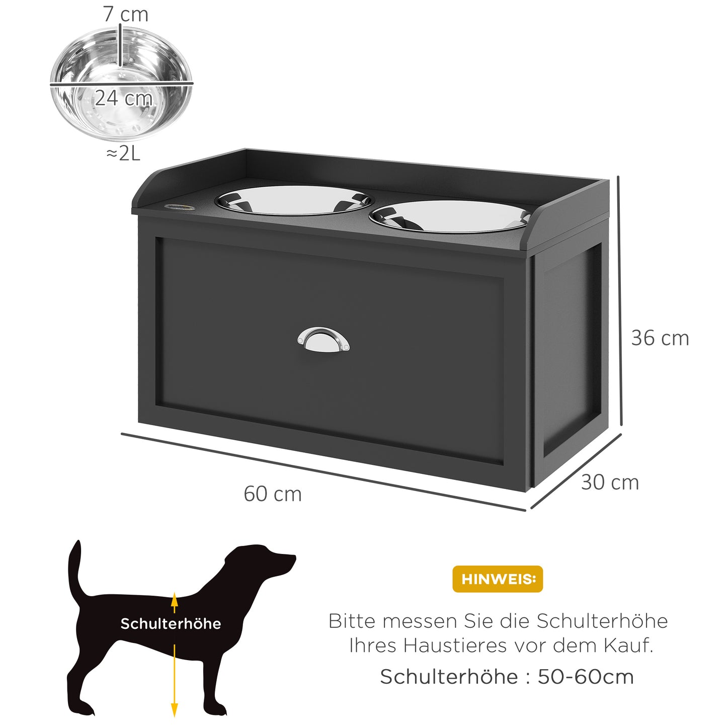 PawHut Futterstation, 2 Fressnäpfe je 2 Liter, Edelstahl, mit Schublade, für große Hunde, schwarz+silber, 60 x 30 x 36 cm