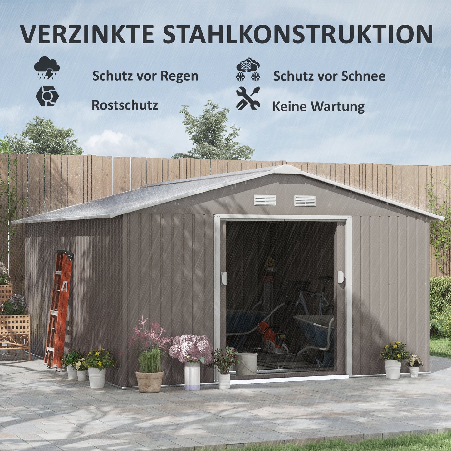 Outsunny Geräteschuppen, Wetterfestes Gartenhaus für Gartengeräte, mit Belüftungsfenstern, Schiebetüren, Stahl, Hellgrau