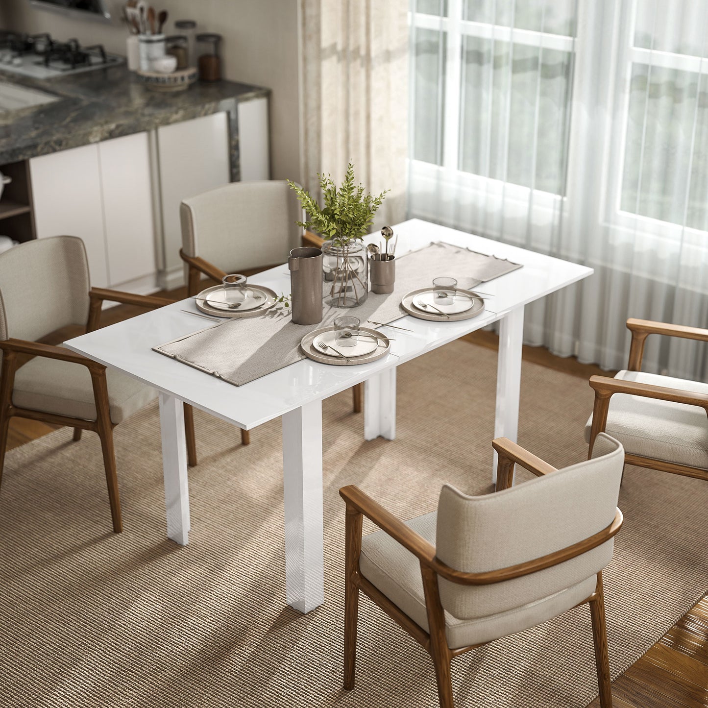 HOMCOM Ausziehbarer Esstisch, 120-160 x 70 cm, verstellbarer Küchentisch für 4-6 Personen, MDF, Hochglanzweiß