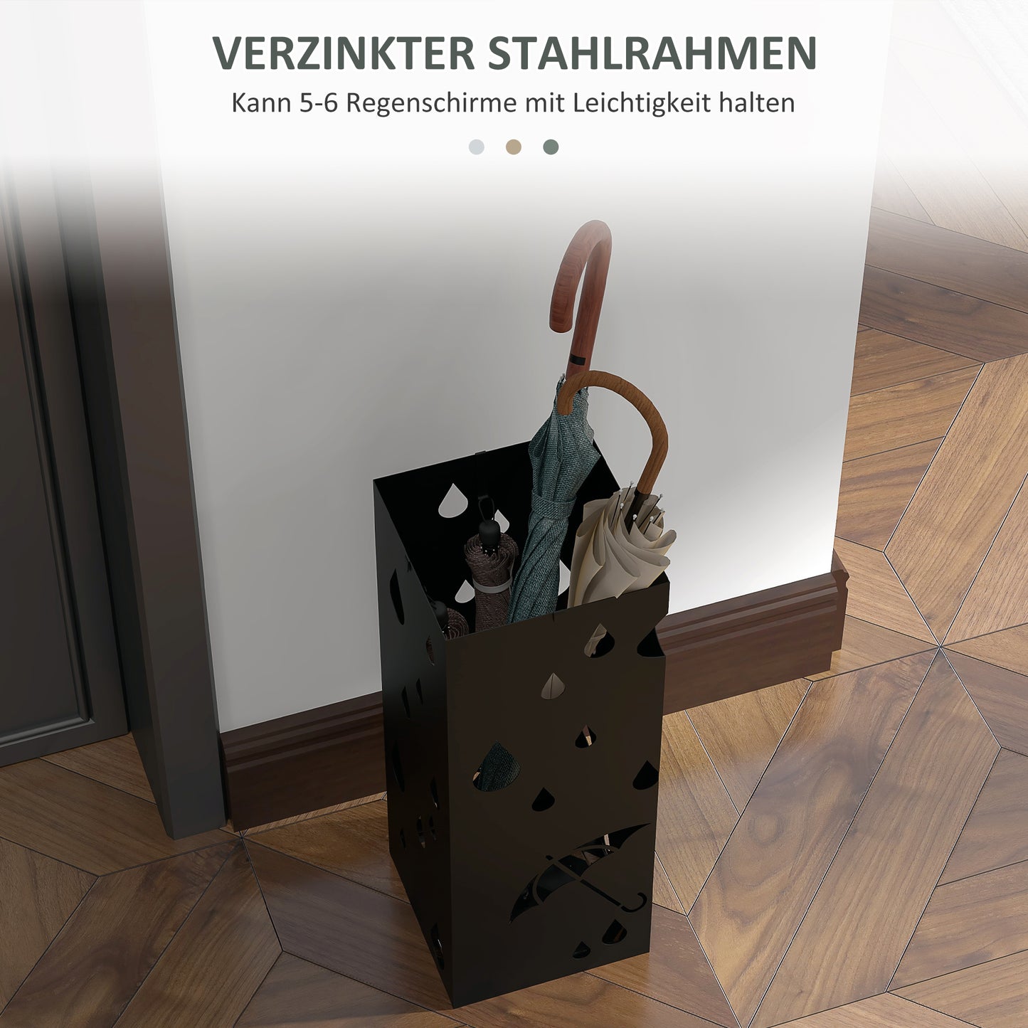 HOMCOM Schirmständer, 4 Haken, Tropfschale, Stahl, Schwarz
