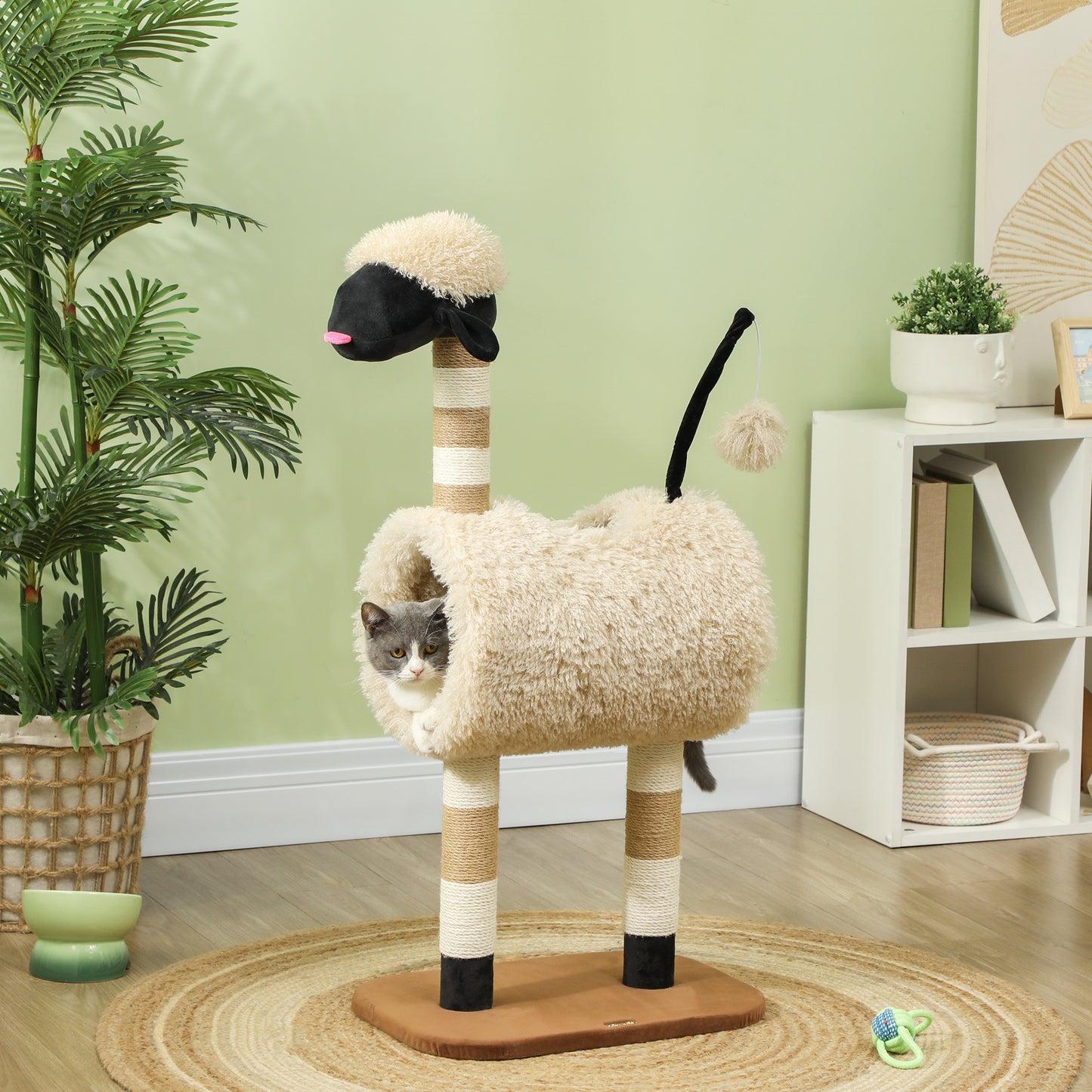PawHut Katzenbaum im Schaf-Design, mit Kratzpfosten, Tunnel und Spielzeug, 98 cm, Hellbraun