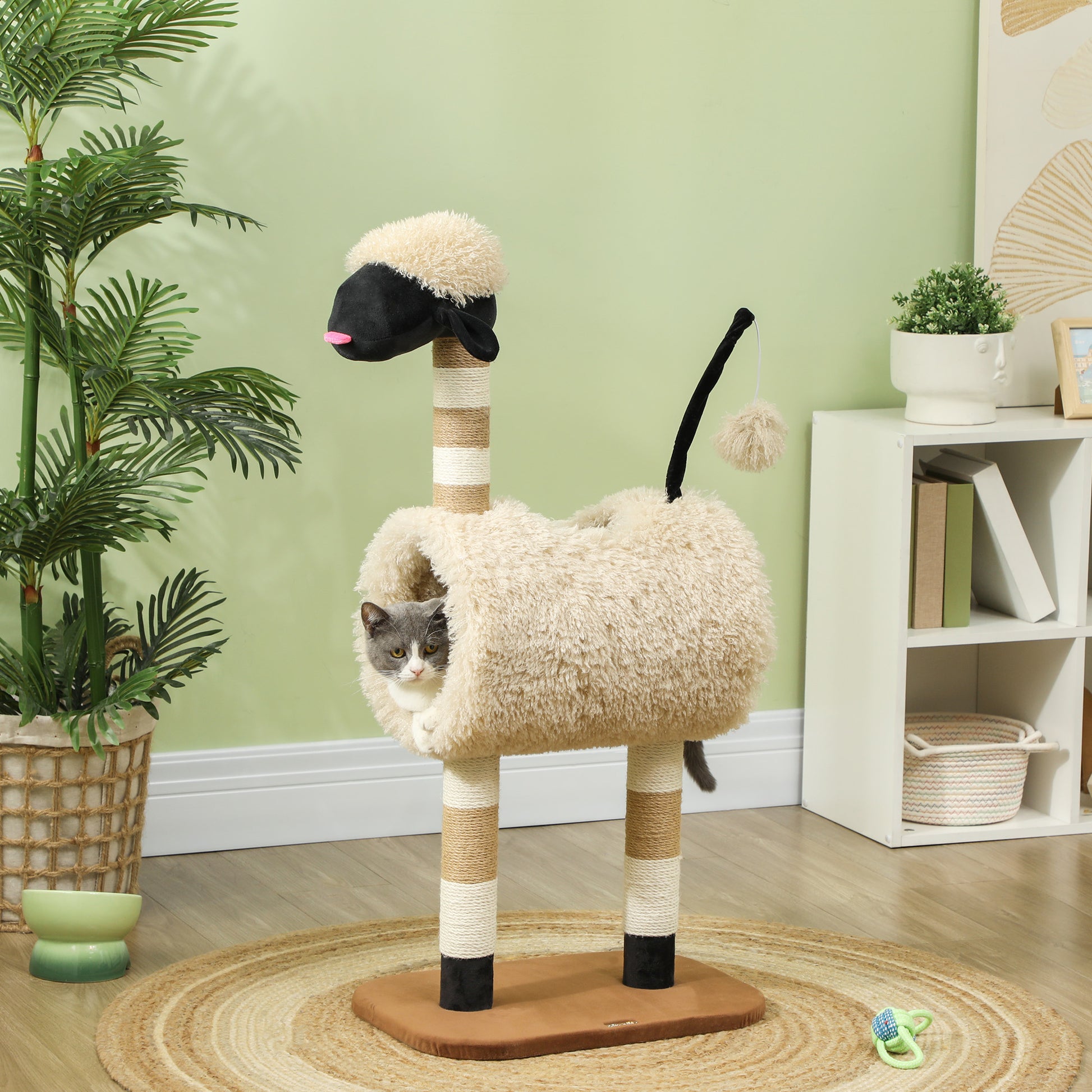 PawHut Katzenbaum im Schaf-Design, mit Kratzpfosten, Tunnel und Spielzeug, 98 cm, Hellbraun