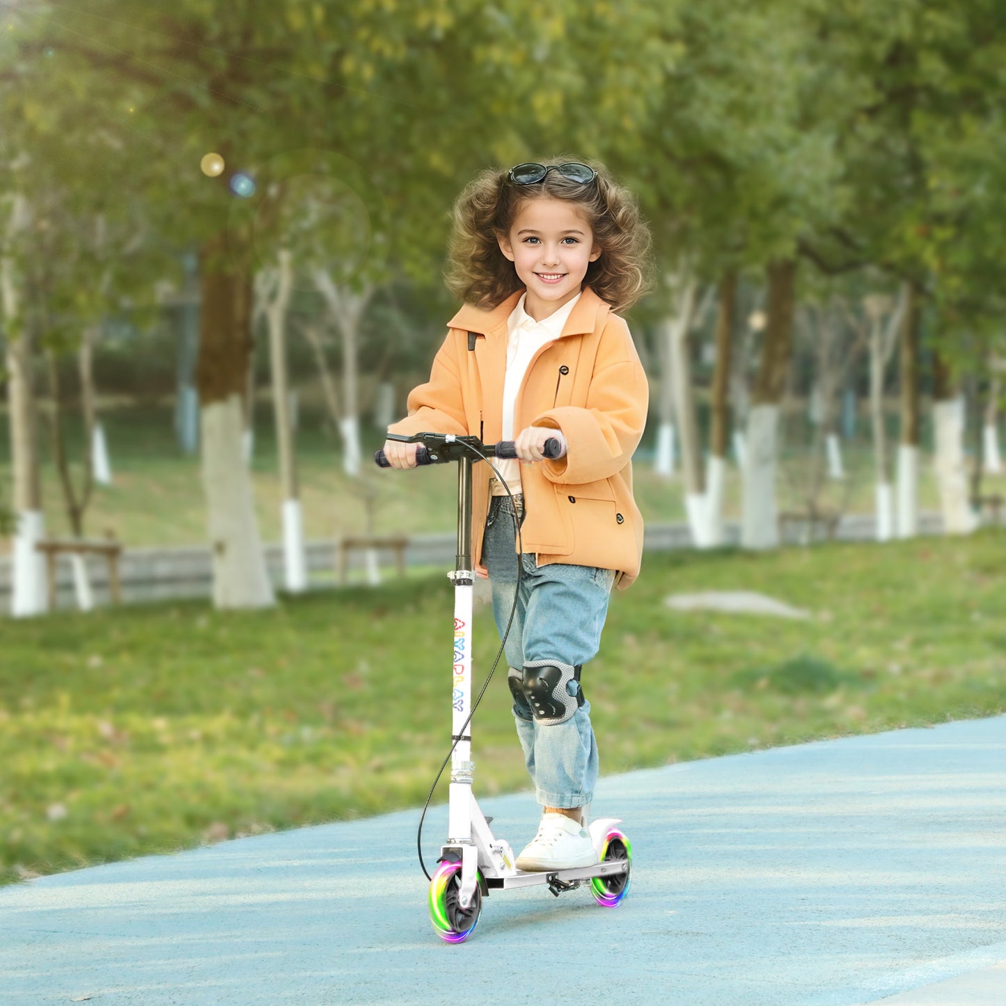 AIYAPLAY Kinderroller, Doppelte Bremsen, Metallrahmen, Fußstütze, faltbar, 3-8 Jahre, Weiß