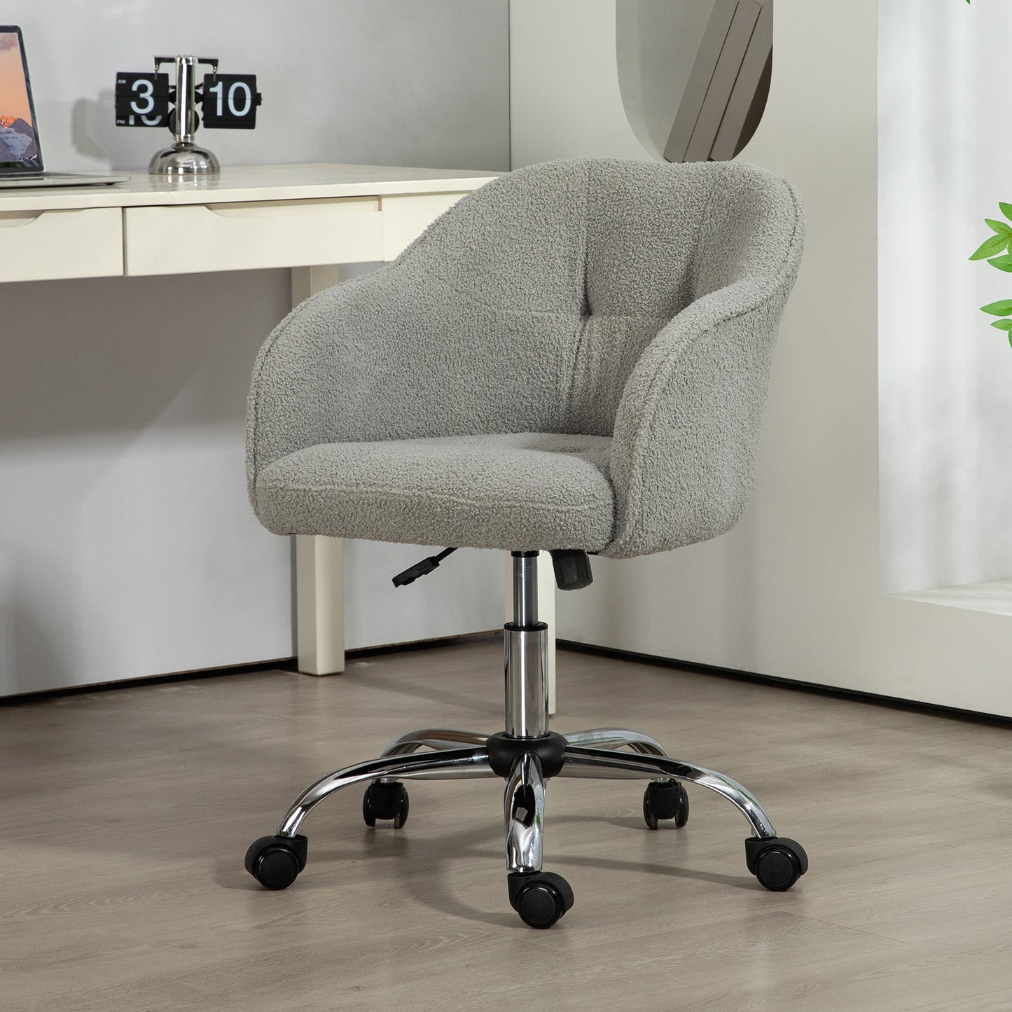 HOMCOM Homeoffice Stuhl, Ergonomisch Schreibtischstuhl mit Wippfunktion, Teddysamtoptik 56 x 61 x 86 cm Grau