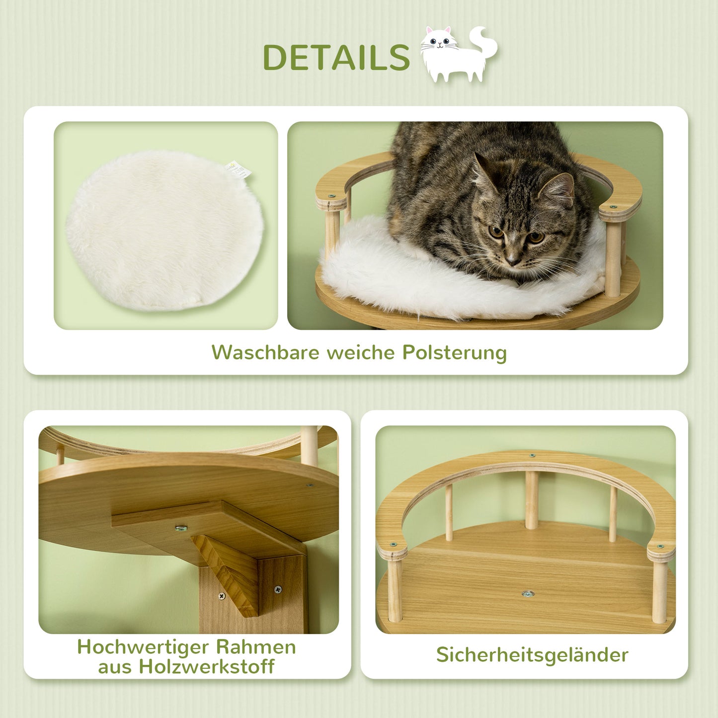 PawHut Wandliege, Katzenbett, mit Schutzrand, Liegekissen, für Wandmontage, Eiche+cremeweiß, 34 x 34 x 10,5 cm