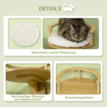 PawHut Wandliege, Katzenbett, mit Schutzrand, Liegekissen, für Wandmontage, Eiche+cremeweiß, 34 x 34 x 10,5 cm