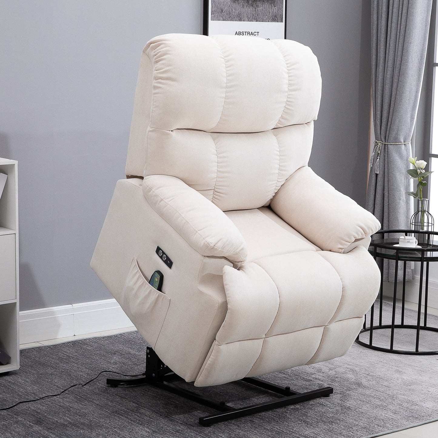 HOMCOM Sessel mit Aufstehhilfe, Massagesessel, Relaxsessel mit USB-Anschluss, Fernsehsessel mit Fernbedienung, Seitentasche, Neigebarer TV-Sessel mit Samtoptik, Beige