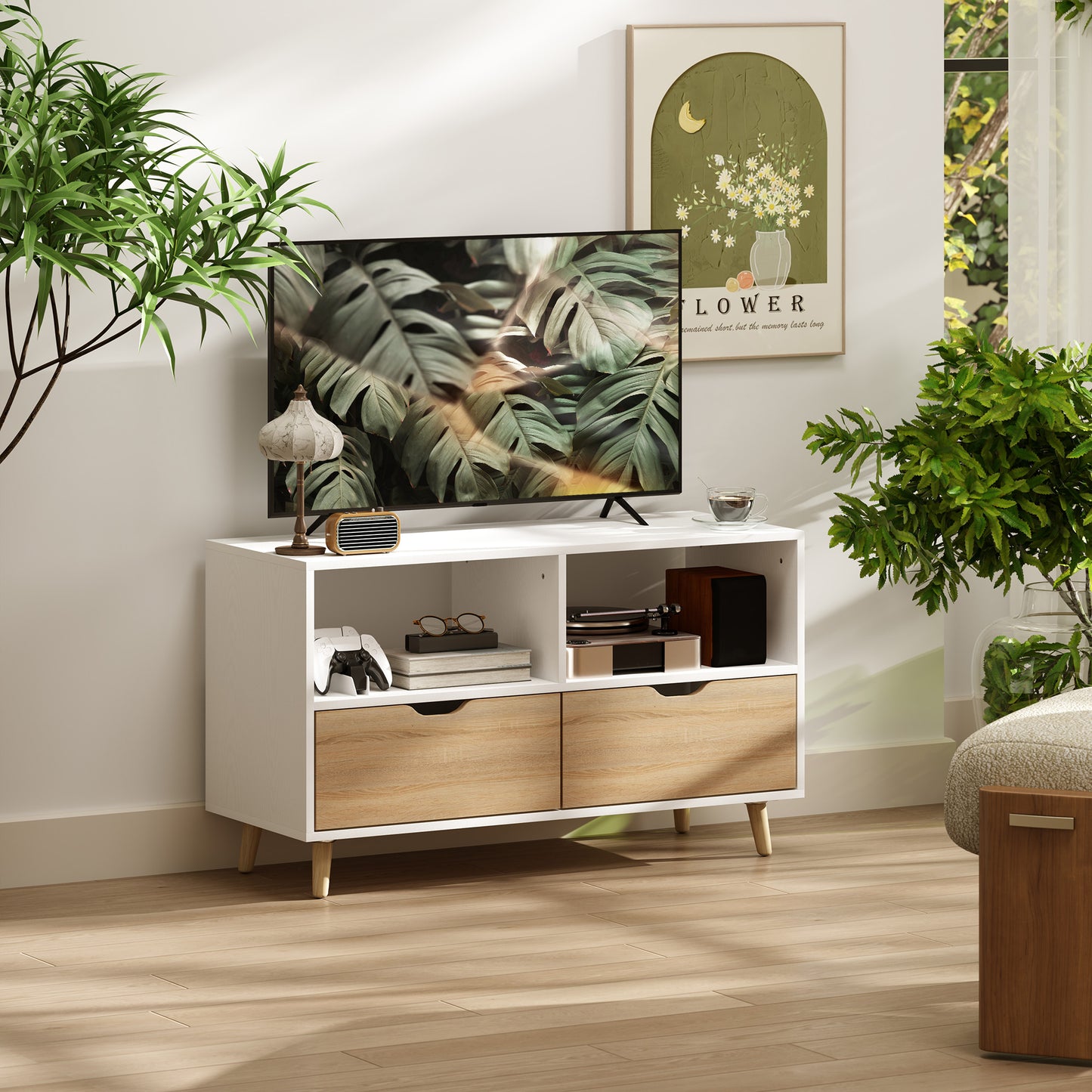 HOMCOM TV-Schrank, TV-Kommode mit Schubladen, Offene Regale, Holz, 99 x 39 x 58 cm, Weiß