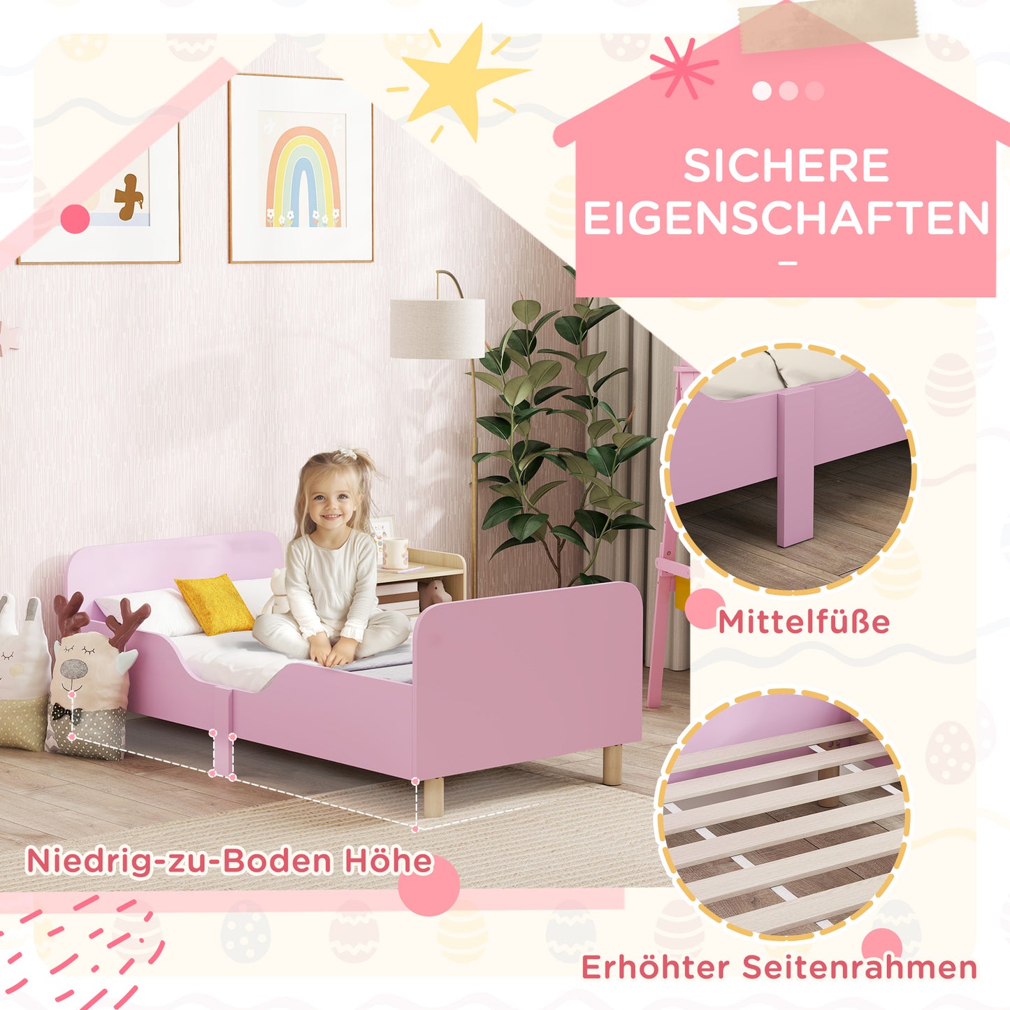 AIYAPLAY Kinderbettgestell، Einzelbettrahmen für Kinder، Schutzgitter، Kleines Bett für Kinderzimmer، MDF، ohne Matratze، Rosa
