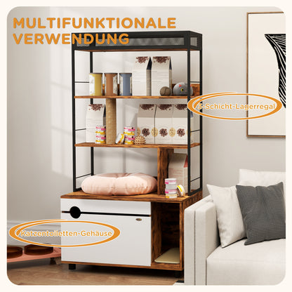 PawHut Katzentoilette mit 3-Ebenen-Regal und Kratzpfosten, geschlossenes Katzenklo, 80 x 48 x 152 cm, Braun