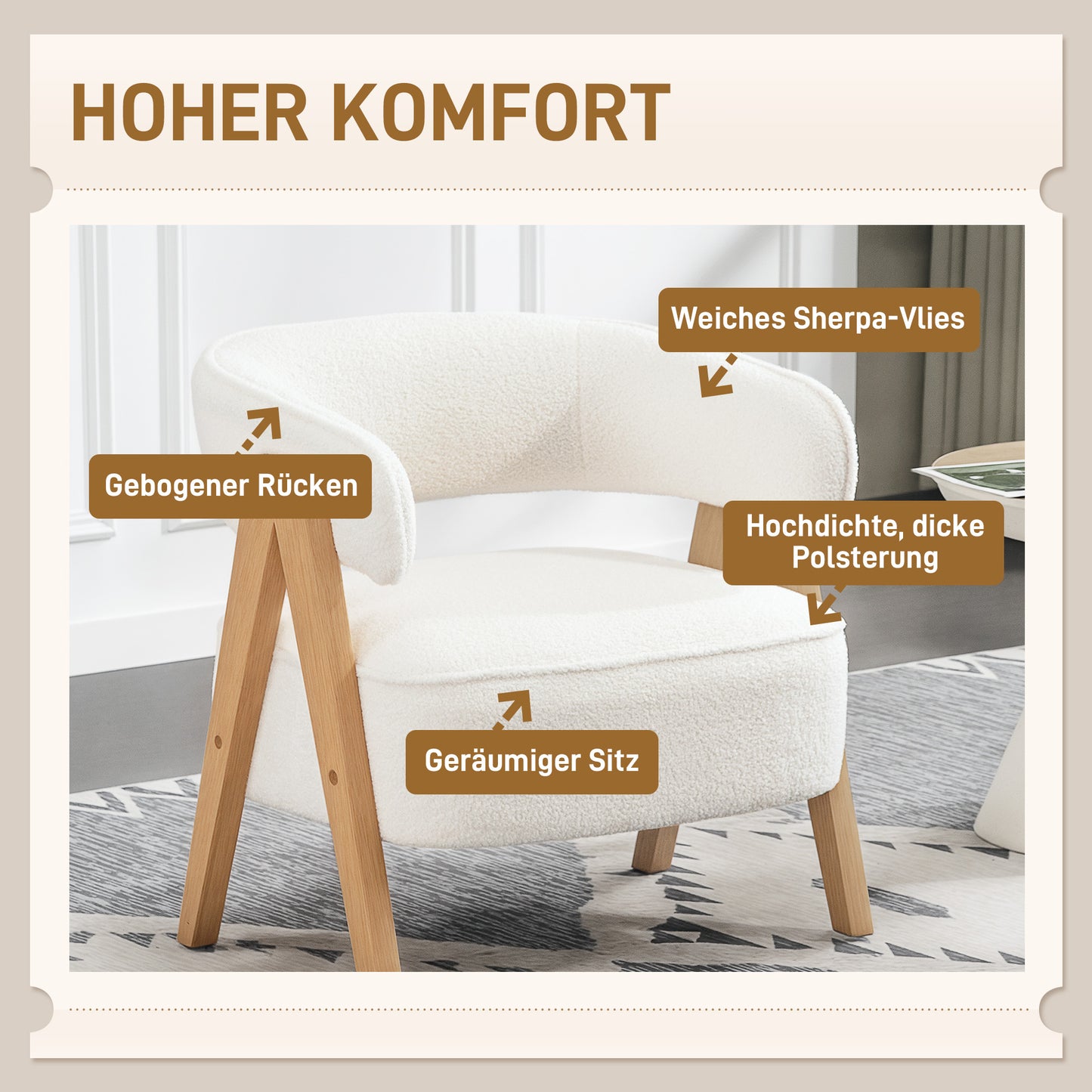 HOMCOM Moderner Polstersessel, Fleece-Bezug, Akzentstuhl, Armlehnstuhl mit Holzbeinen, Metallrahmen, Weiß