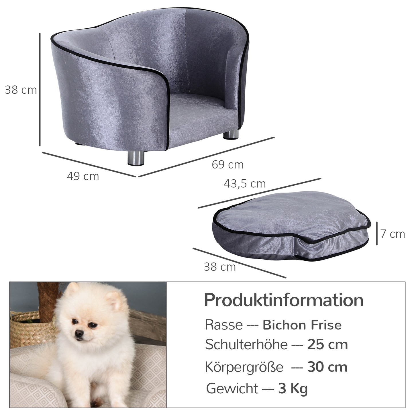 PawHut Hundesofa, Hundebett, waschbares Sitzkissen, Plüschbezug, Naturholzrahmen, hellgrau, 69 x 49 x 38cm