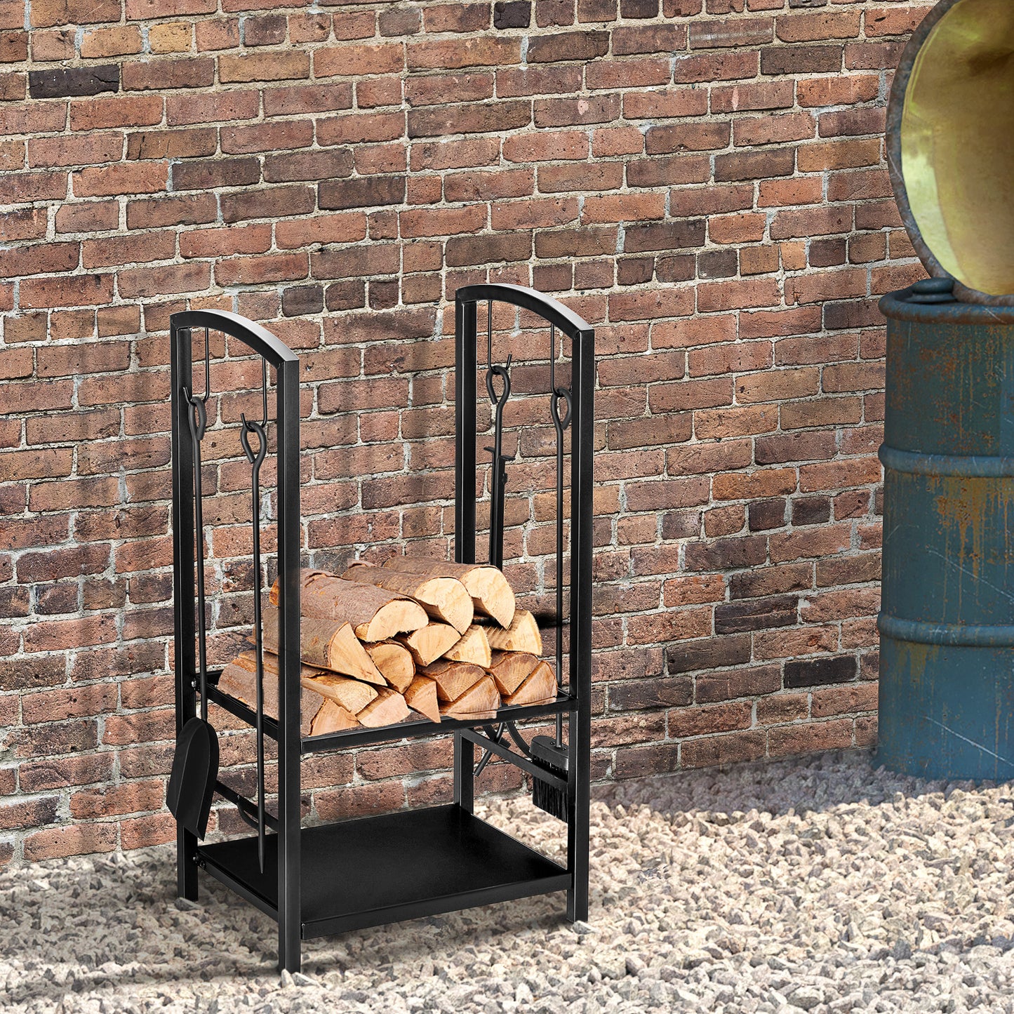 Outsunny Kaminholzständer, Brennholzregal, 2 Etagen, Kaminbesteck, bis 100 kg, Stahl, Schwarz, 40 x 30 x 74,5 cm