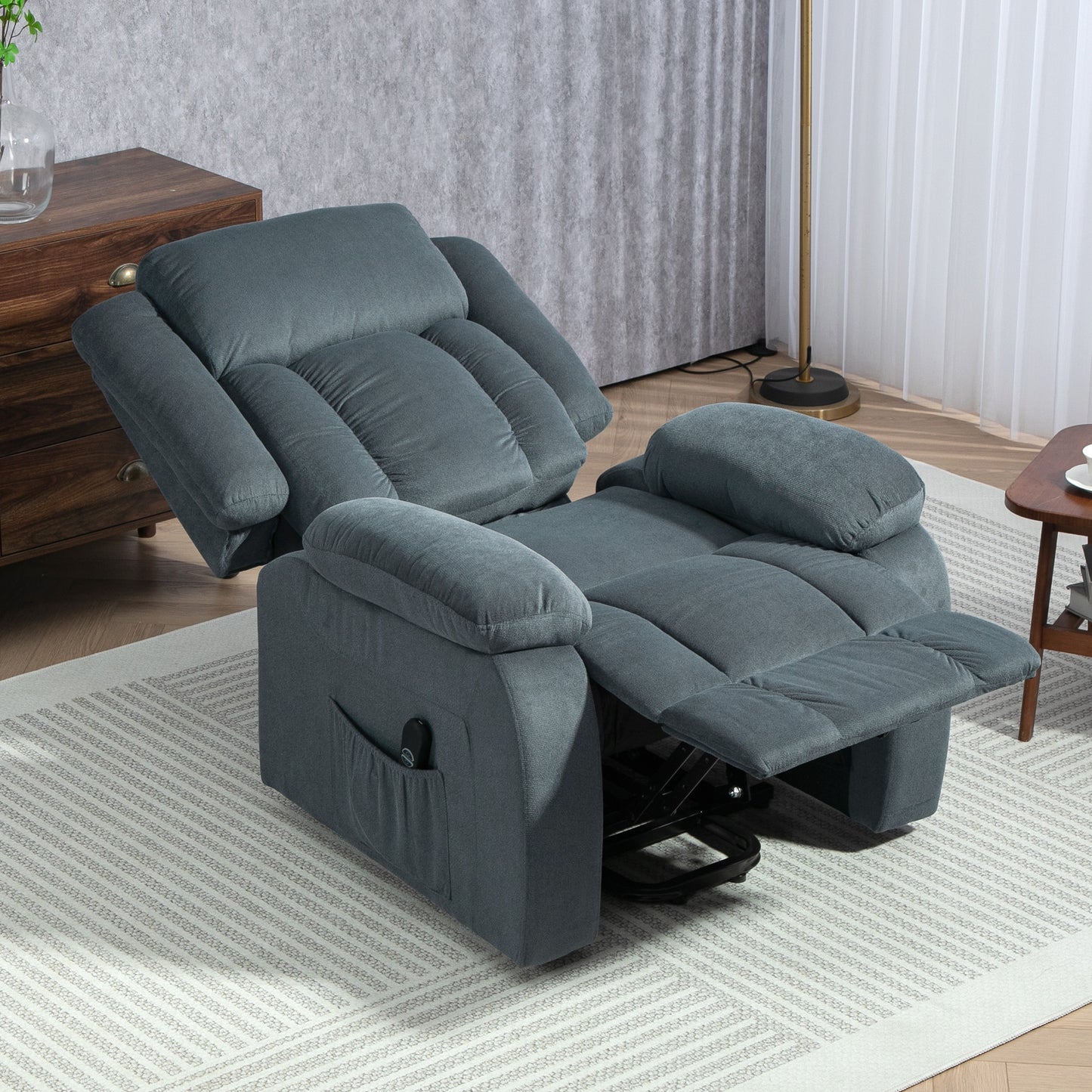 HOMCOM Aufstehsessel mit weichem Bezug, Recliner-Sessel mit Fernbedienung und Seitentaschen, Grau