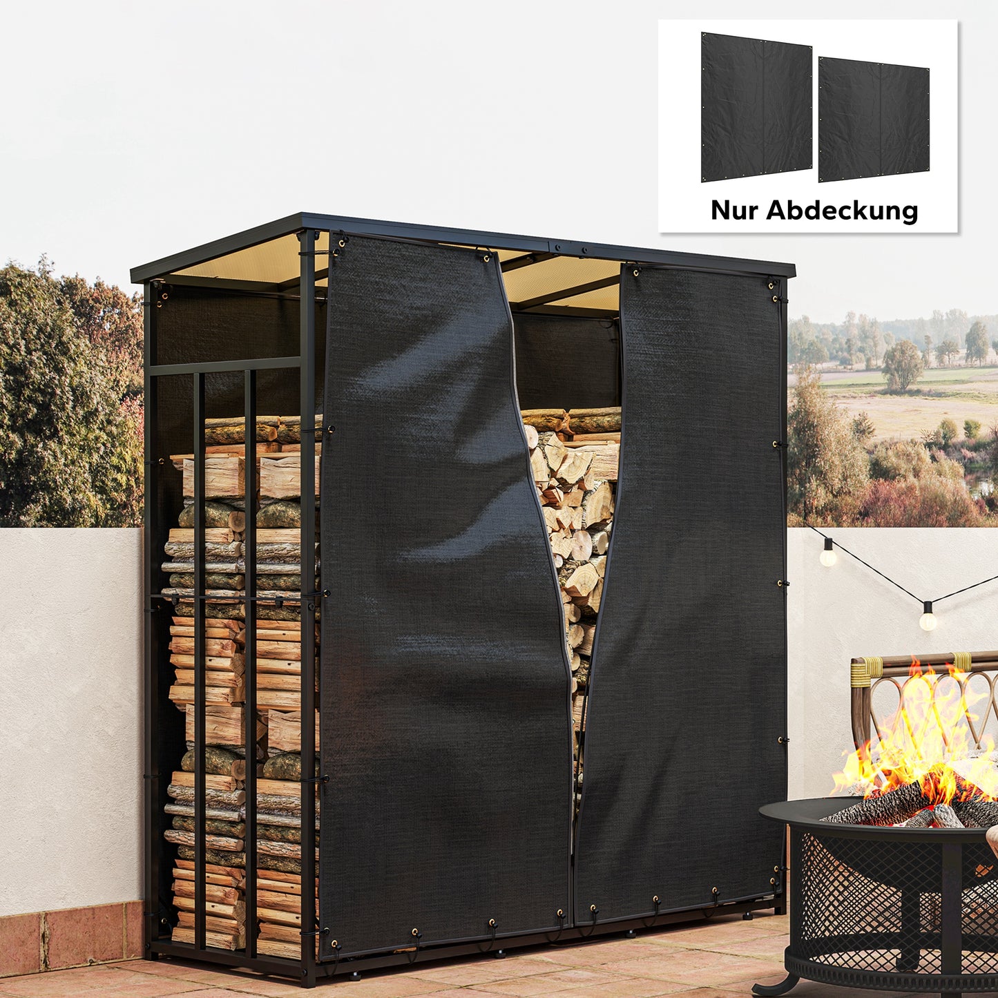 Outsunny Abdeckung für Brennholzregal, 2er-Set, wetterfest & staubdicht, 174x173 & 174x161,5, Schwarz