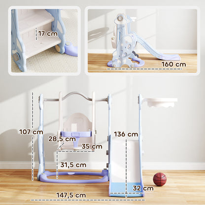 AIYAPLAY 4-in-1 Indoor-Spielplatz, Rutsch- och Schaukelset für Kleinkinder, Basketballkorb, Raketendesign, Kunststoff, Hellblau