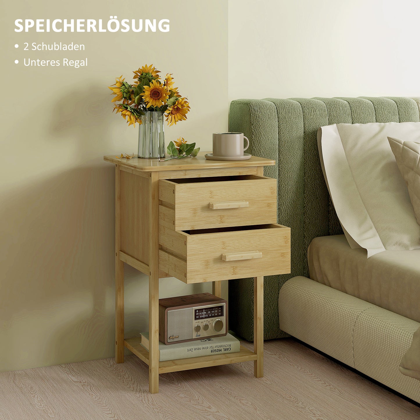 HOMCOM Nachtschrank, 2er-Set, Skandi-Design, Bambus, 2 Schubladen & Regal, 40x34x60cm