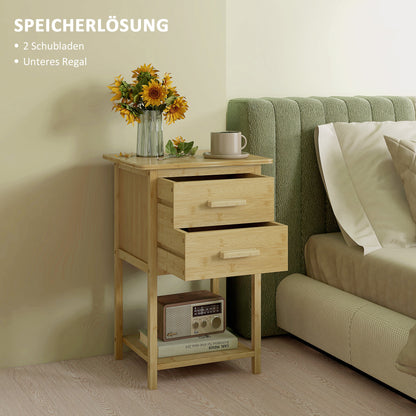 HOMCOM Nachtschrank, 2er-Set, Skandi-Design, Bambus, 2 Schubladen & Regal, 40x34x60cm