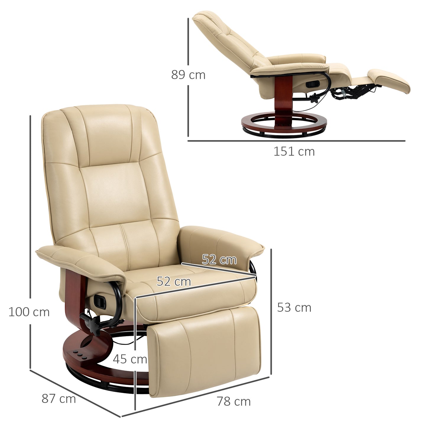 HOMCOM Relaxsessel, verstellbar, Liegefunktion, bis 120 kg, Kunstleder, 78 x 87 x 100 cm, Creme