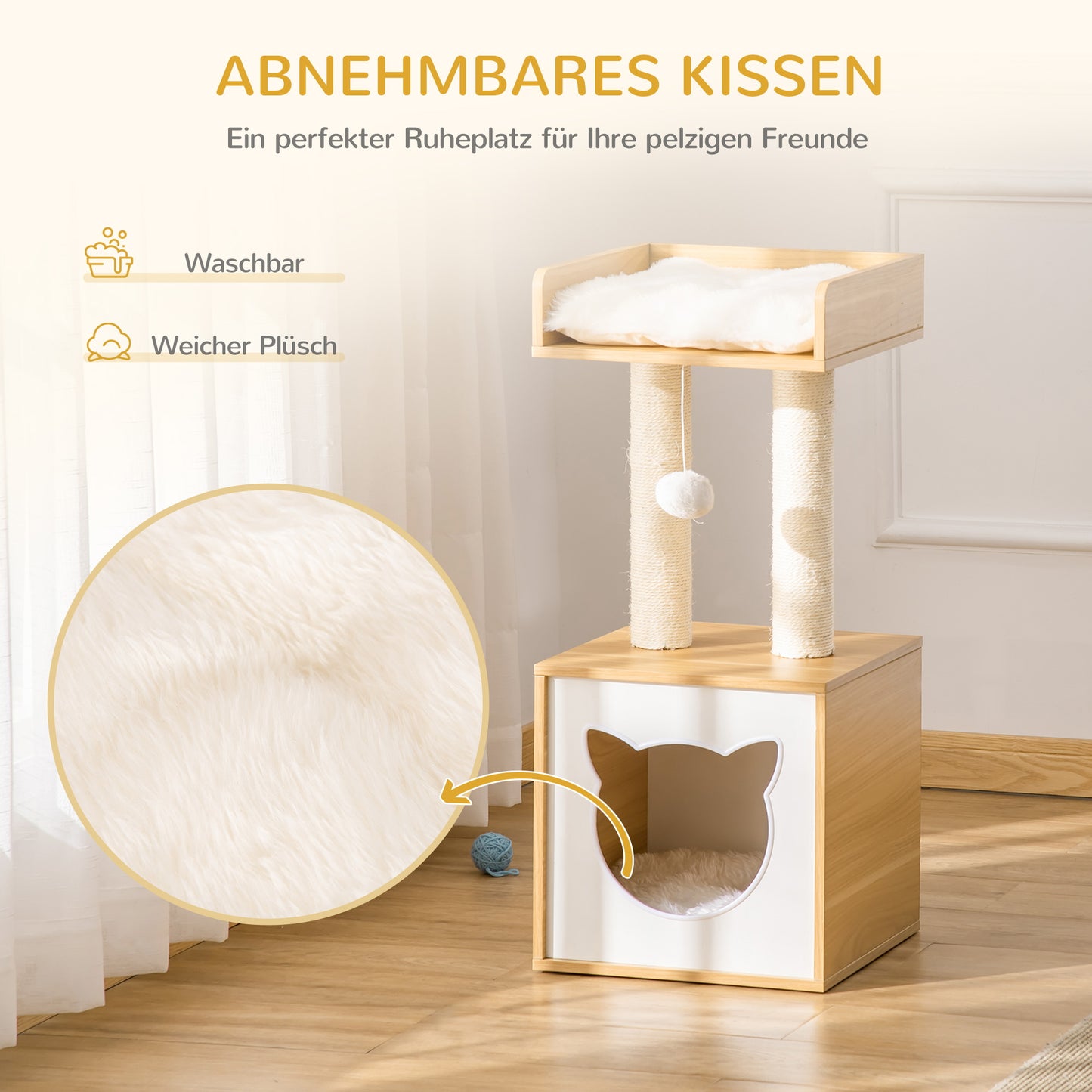 Pawhut Katzenhöhle mit 2 weichen Kissen Katzenbaum mit Katzenbett Spielzeug Kugel Katzenhaus, Sisal Natur 35 x 35 x 81 cm