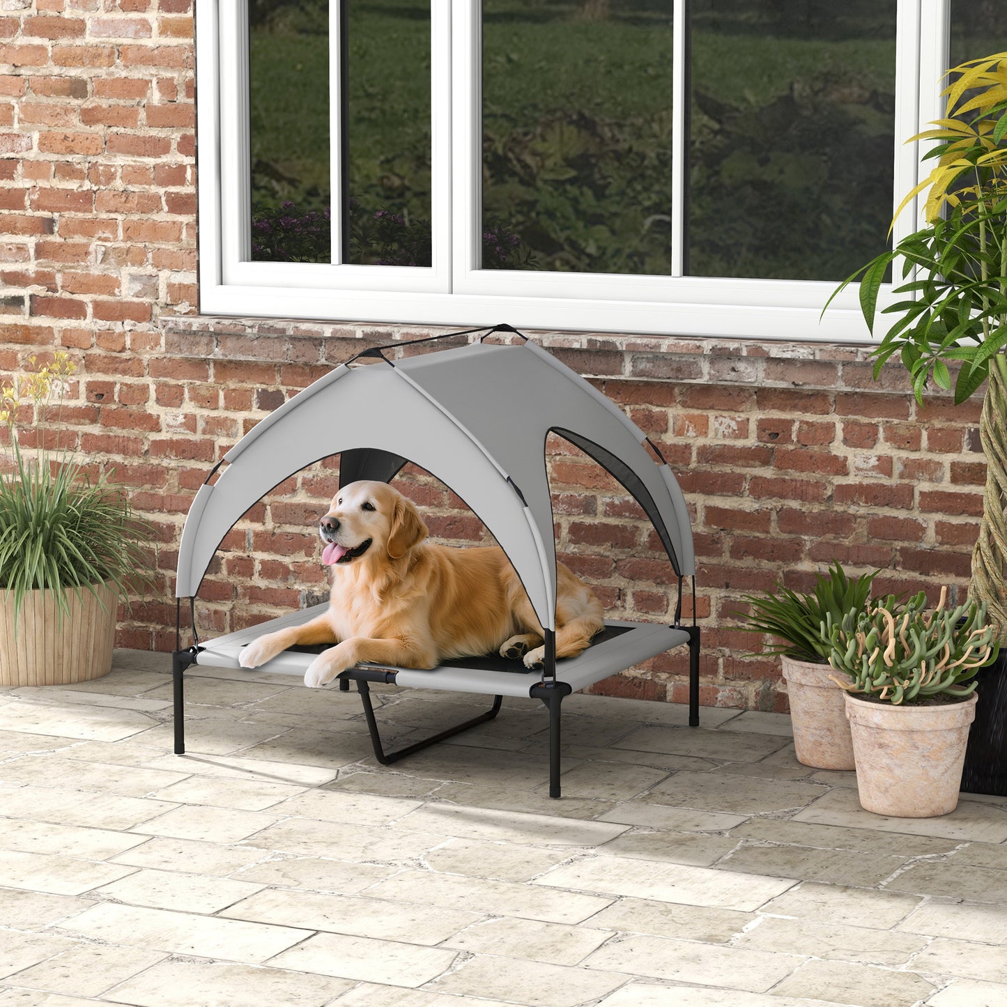 PawHut Hundebett mit Dach, atmungsaktiv, wasserabweisend, bis 30 kg, 91 x 76 x 89 cm, Hellgrau