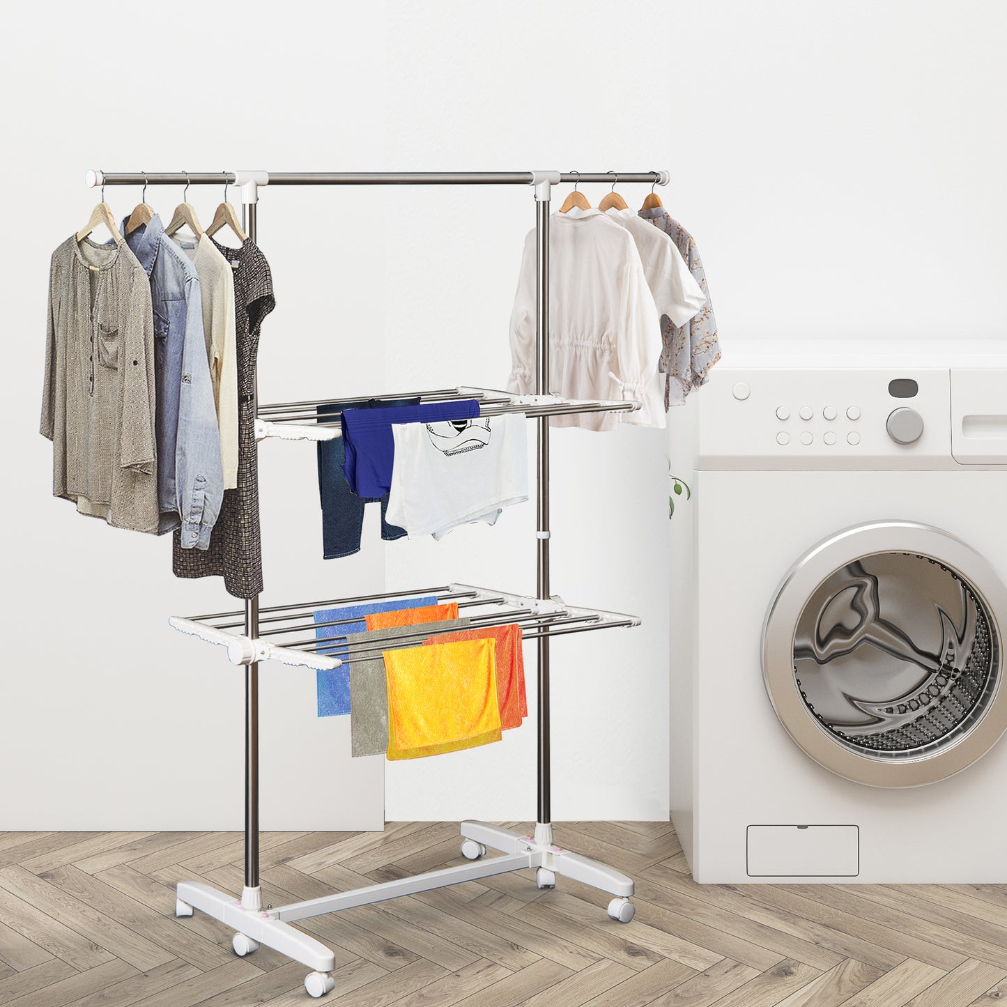 HOMCOM Turmwäscheständer ausziehbar Standtrockner mit 3 Ebenen, klappbare Flügel, Rollen, Wäschetrockner für Innen und Außen, Weiß, 83-136,5 x 45,5 x 154 cm