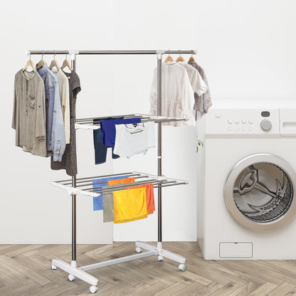 HOMCOM Turmwäscheständer ausziehbar Standtrockner mit 3 Ebenen, klappbare Flügel, Rollen, Wäschetrockner für Innen und Außen, Weiß, 83-136,5 x 45,5 x 154 cm