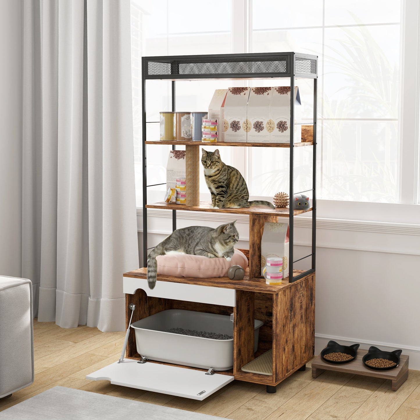 PawHut Katzentoilette mit 3-Ebenen-Regal und Kratzpfosten, geschlossenes Katzenklo, 80 x 48 x 152 cm, Braun