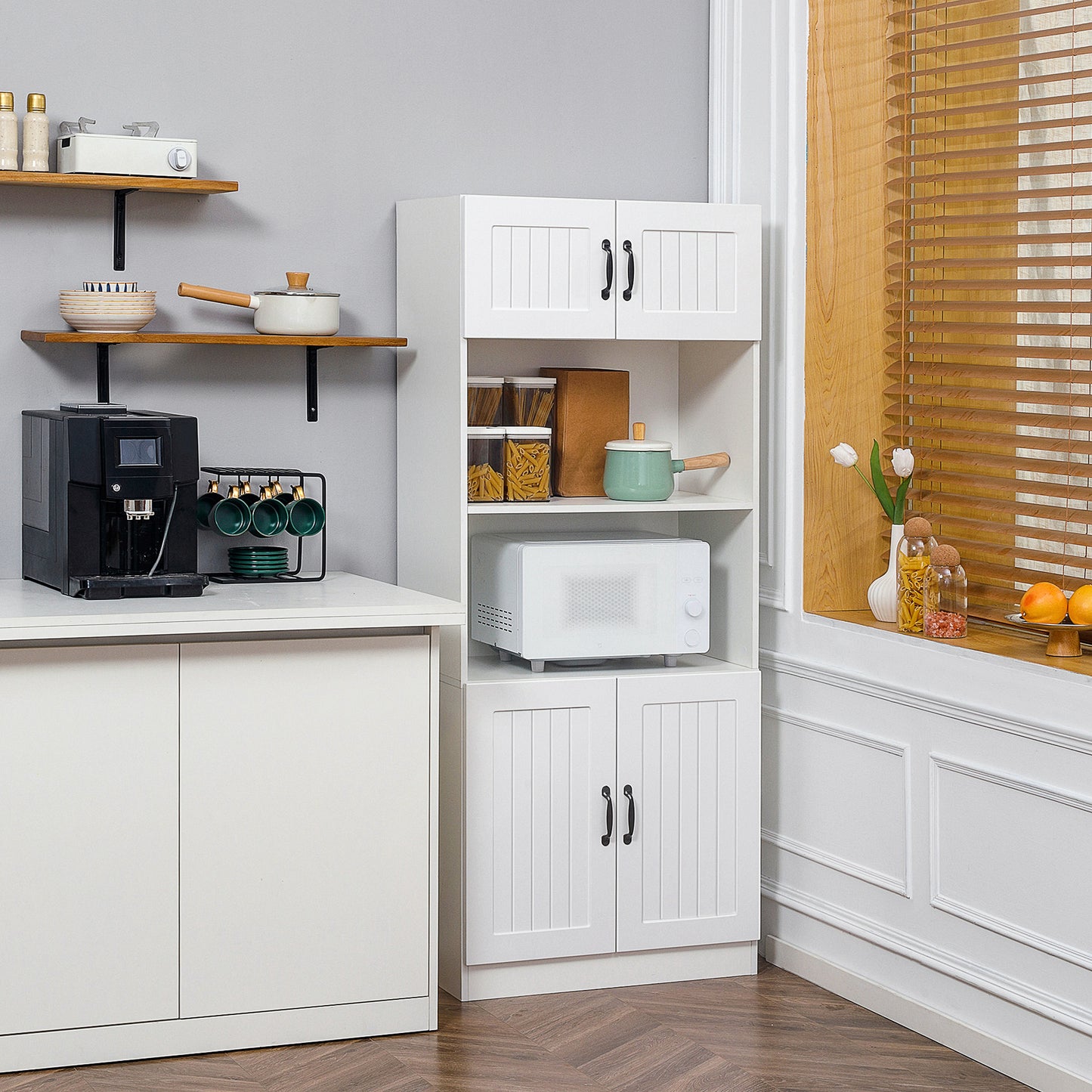 HOMCOM Küchenschrank Küchenbüffet Schrank, Landhausstil, 2 Schränke, 2 Regale, 70 cm x 40 cm x 170 cm Weiß + Schwarz
