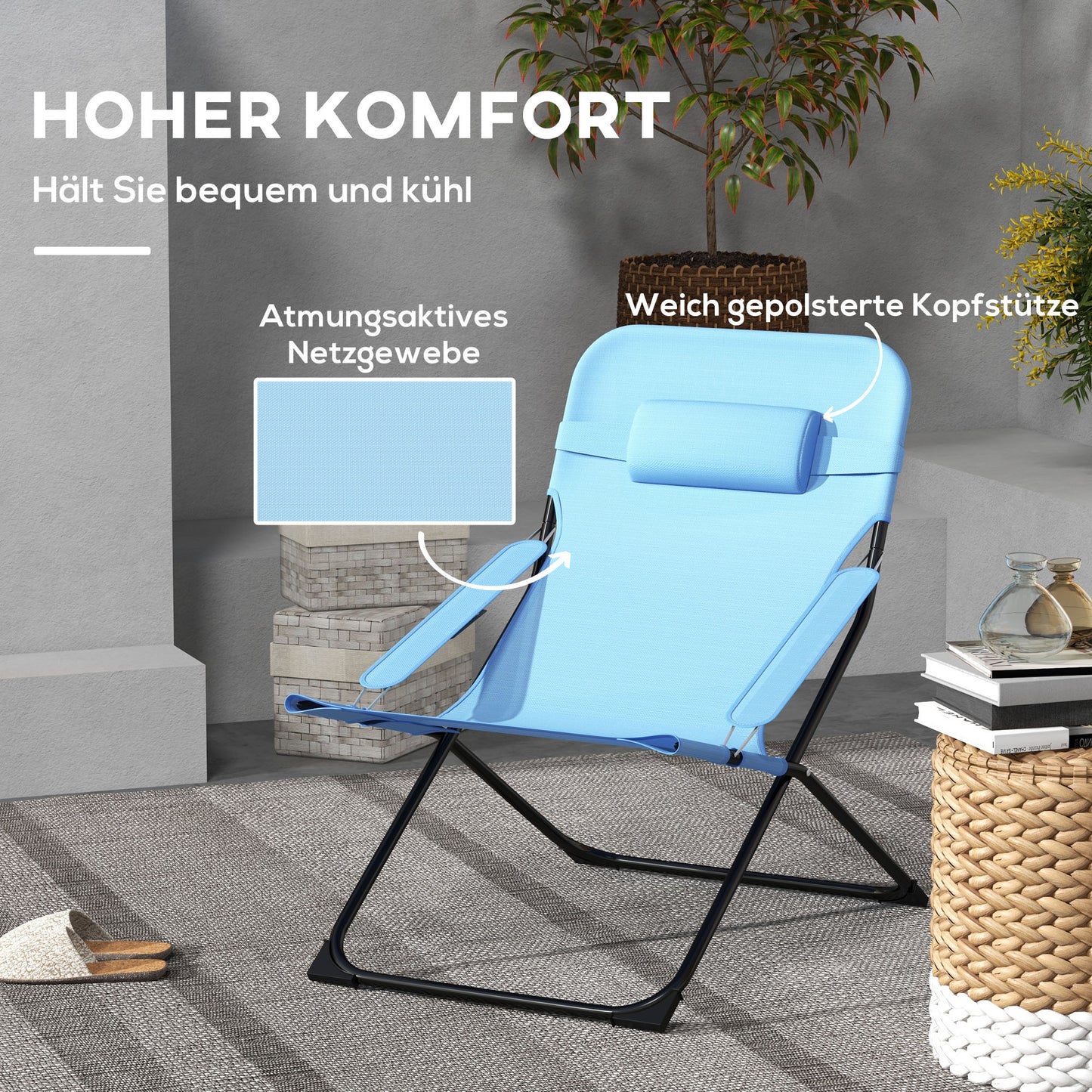 Outsunny Klappstuhl, 4-stufig verstellbar, atmungsaktiv, Metallgestell, 69 x 91 x 96 cm, Schwarz/Blau