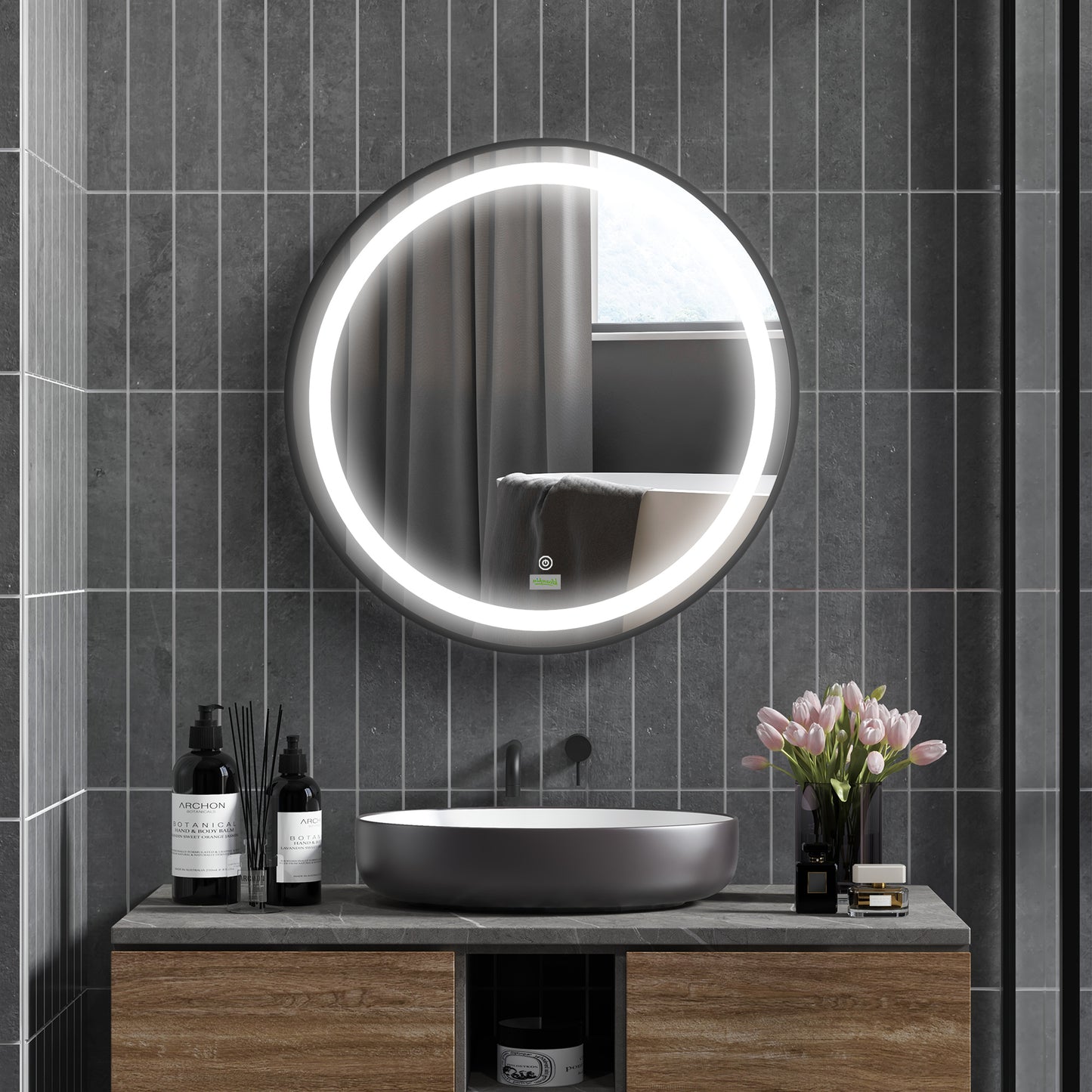 kleankin Badezimmerspiegel, LED-Beleuchtung, dimmbar, 3 Lichtfarben, Metallrahmen, Ø60 cm, Schwarz