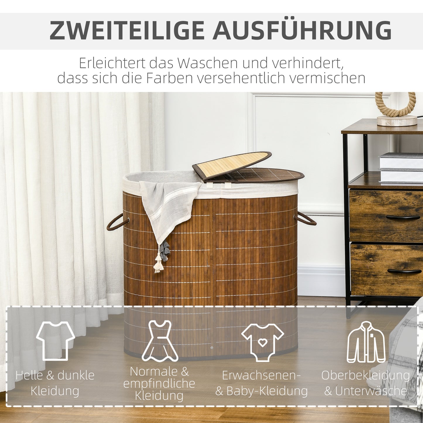HOMCOM Wäschekorb Wäschesammler, 100L Fassungsvermögen, abnehmbarer Deckel, 38 cm x 38 cm x 57 cm, Braun